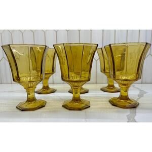 Vintage MCM Independence Octagonal Amber Water‎ Goblets Lot of 6